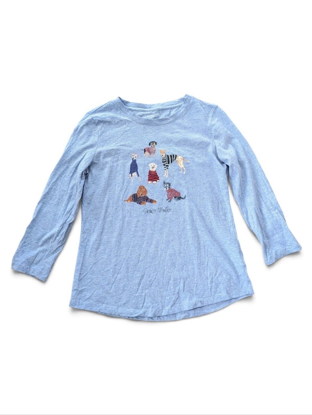 Talbots Sweater Weather dogs in sweaters blue long sleeve tee size P